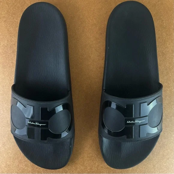 SALVATORE FERRAGAMO BLACK SLIDE SANDALS - Picture 12 of 13